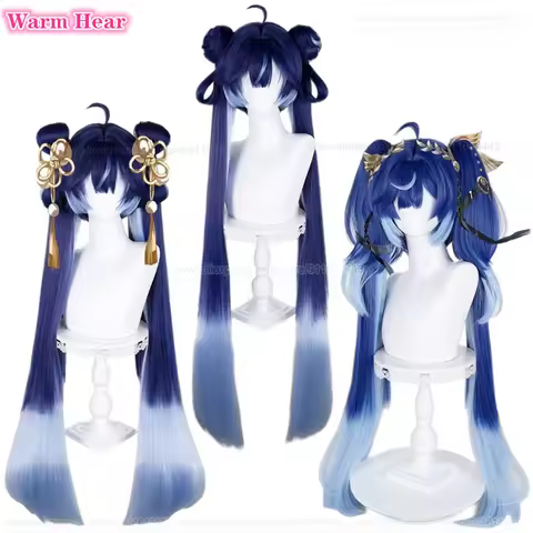 3 Styles Game Iuno Synthetic Hair Long 100cm Blue Gradient Double Ponytails Cosplay Wig Heat Resista