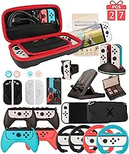 Accessories for Nintendo Switch OLED, Arisll Family Bundle Carry Case&amp; Screen Protector,4 Pack Joy Con Grips and Steering Wheels, Case Cover,Joy Con Charger and More for Switch OLED(30 in 1), Red