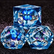 Butterfly DND Dice Multicolored Blue Liquid Core Dice Set, with Metal Box, Handcrafted Sharp-Edged D