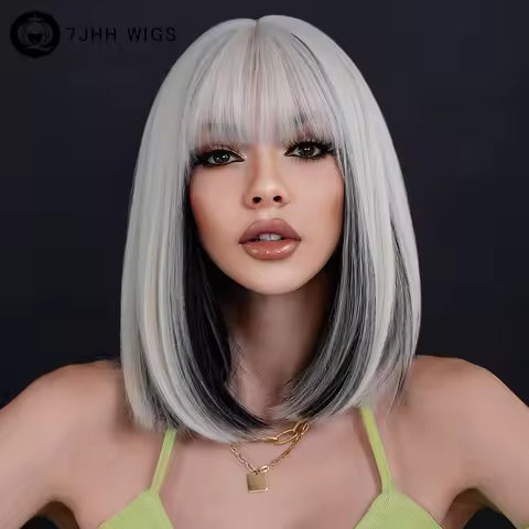 7JHH WIGS Highlight Silvery Black Short Wig with Bangs for Woman Natural Synthetic Straight Hair Bob