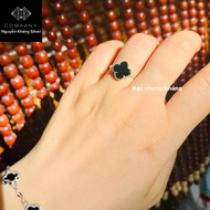 Women's ring, silver, 4-leaf clover pattern, black stone