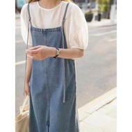 Histeria Jumbo Midi Dress Denim Rok Overall Dress Jeans Belah Samping
