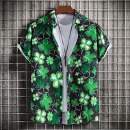 2023 Summer New Men's Black&green Lucky Clover Printed Short Sleeve Loose Causal Floral Shirt Plus S