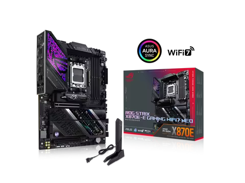ASUS ROG STRIX X870E-E GAMING WIFI7 NEO, AMD ATX motherboard, 18+2+2 power stages, DDR5 slots, five 