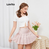 SALE Lovito Casual Plain White Split Crop Top Round Neck Basic T-Shirt Button
