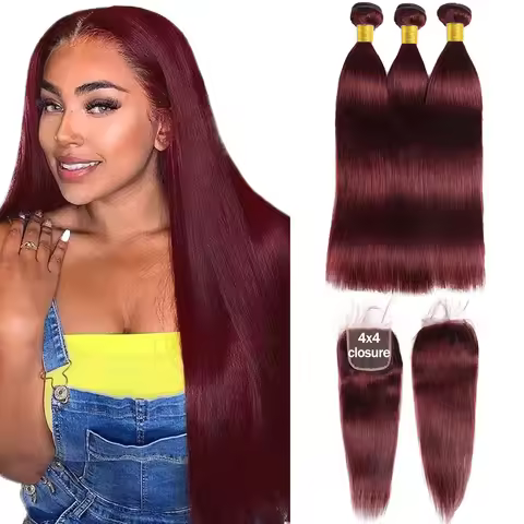 99J Burgundy Straight Human Hair Bundles With Closure 4x4 Transparent Swiss Lace 12A Brazilian 100% 