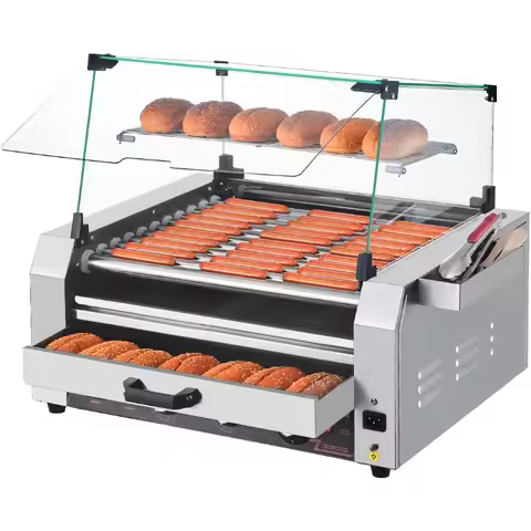 Hot Dog Roller 30 Hot Dog 11 Rollers Stainless Steel Sausage Grill Cooker 1950W with Bun Warmer Cove