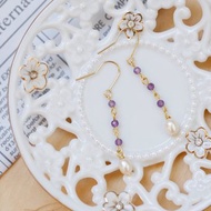 紫水晶/天然珍珠米粒墜系列黃銅耳環。