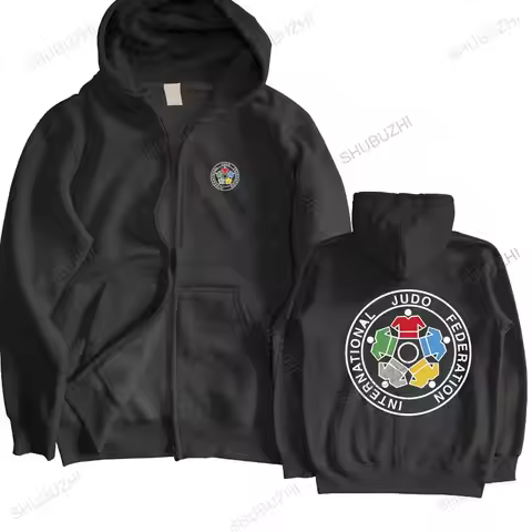 Man black zipper hoody New IJF International Judo Federation Logo autumn jacket winter Sportswear wa