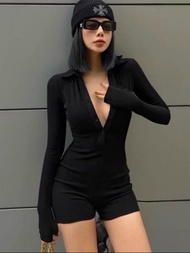 Jum quần đen tay dài đơn giản mặc tôn dáng jum body cổ bẻ cài nút đồ bơi quần một mảnh