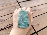 【親翠】天然翡翠 冰綠飄花山水牌調整式繩鏈 有山有水有靠山