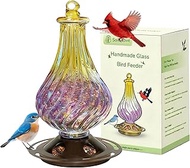 Hand Blown Glass Bird Feeder for Cardinals and Blue Jays, Hanging Outdoor Garden Decor with Metal Ba
