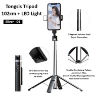 Tongsis Selfie Stick Tripod + Lampu LED Live Stand Multifungsi dengan Bluetooth Remote Shutter Tongs