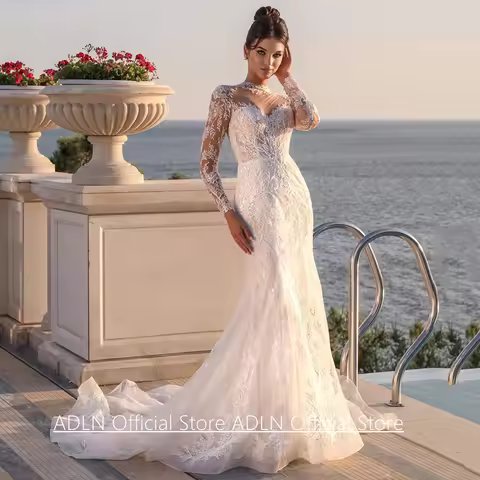 Charming Mermaid Wedding Dress for Woman Customized See Through Long Sleeves Applique Lace Bridal Go