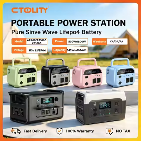 CTOLITY 1800W/500W Portable UPS Power Station LiFePO4 Battery 1024Wh/345Wh Camping Solar Generator H