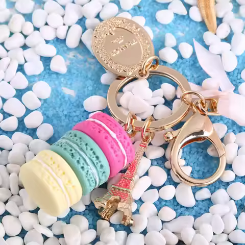 Key chain) Colorful Macaroon Keychain 4.45 Inch Cute Eiffel Tower Keychain Coin Macaron Bowknot Bag 