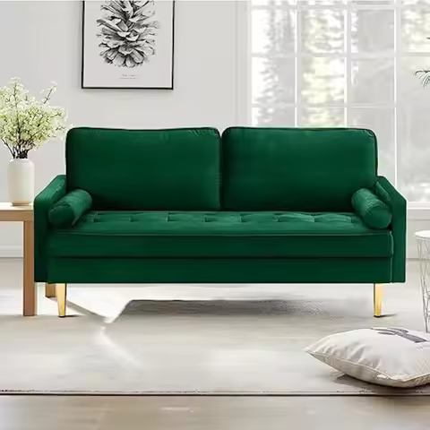 Velvet Two-Seater Loveseat with Bolster Pillows • Mid-Century Modern Design • Compact 68.8 Inch Widt