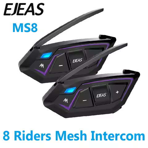 EJEAS MS8 Motorcycle Helmet Intercom Headset Max 7000M Mesh Interphone Communicator for 8 Riders FM 