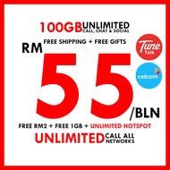 FREE Tunetalk Sim Card 100GB Unlimited Internet Data Call Hotspot Simkad Prepaid Celcom Digi USB 4G WiFi Modem Router