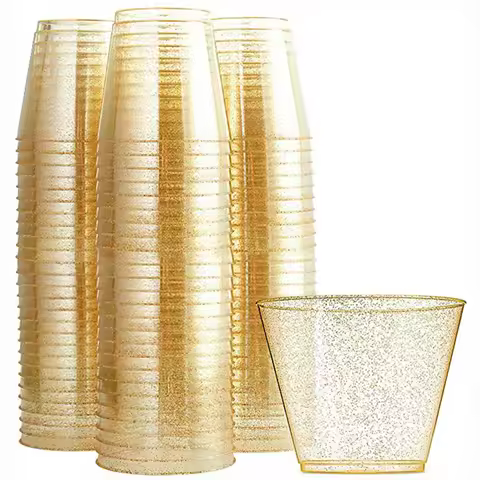 50/20Pcs Gold Glitter Plastic Cups, 9Oz Disposable Cups Clear Tumblers, Drinking Cups for Wedding, A