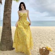 Summer New Style Designer Original Painted Color Sunset French Lemon Dress Sling Long Skirt