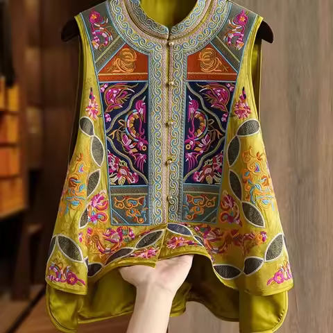 Yellow Heavyweight New Chinese Style Embroidered Women's Vest Fashionable Unique Outerwear Jacket Sh