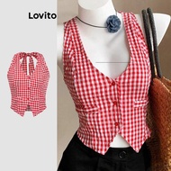 Lovito Casual Plaid Button Tie Back Bow Tank Top for Women L117AD058
