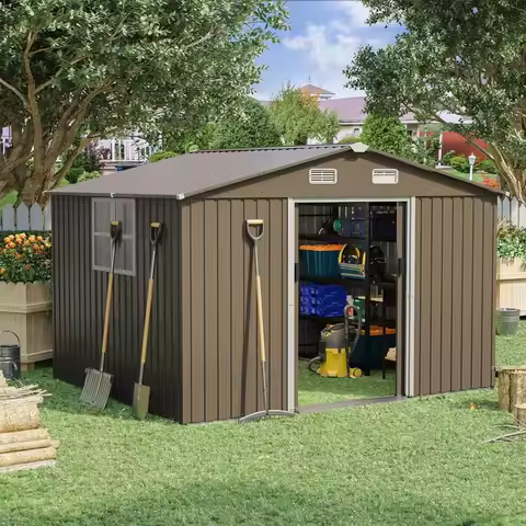 10FT x 8FT Outdoor Storage Shed, Waterproof, Lockable Door Metal Tool Shed with Sliding Door and Air