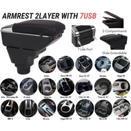 Honda/Toyota/Perodua/Proton 7 USB Arm Rest Adjustable with Cup Holder Armrest Myvi Saga Axia Bezza B