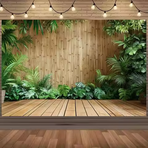 1 tropical photo background banner - realistic bamboo and lush green plant design, durable polyester