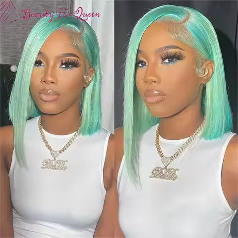Mint Green Short Wigs Human Hair Straight Bob Lace Front Wigs Transparent Lace Frontal Wig 180% Dens