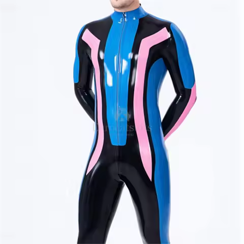 Men Latex Catsuit Full Body Fetish High Rubber Bodysuit Stand Collar With Front Zipper Cosplay Party