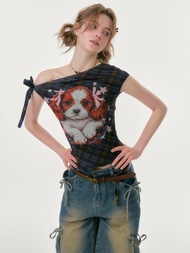 ziziFei''星夢小狗''夏季斜肩露肩格紋印花修身顯瘦上衣短袖 t 恤女