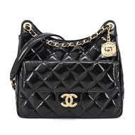 CHANEL Hobo Bag 經典雙C LOGO菱格紋小牛皮流浪包（黑色）_廠商直送