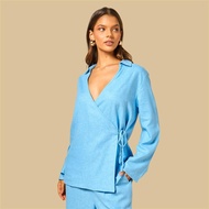Max Fashions Linen Blend Wrap Woven Top Blue Light