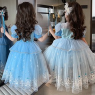 Frozen Elsa Blue Dress For Kids Girl Mesh Short Sleeve Girls Gown Cape Kids Wear Halloween Costume OOTD Terno For Kid Girl