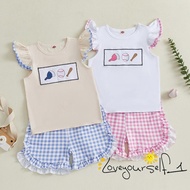 B935G-Kids Girls Shorts Set  Fly Sleeve Embroidery Baseball Tops with Plaid Shorts Summer 2-piece Ou