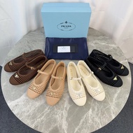 Prada Crochet Buckle Ballet Flats - Women’s Breathable Leather Shoes