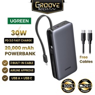 UGREEN 30W 20000mAh Nexode Powerbank USB-C Dual Built-in Cable PD 3.0 Type-C USB-A Fast Charging iPh