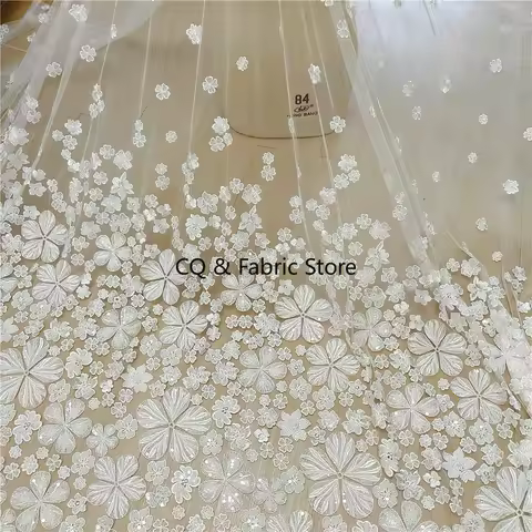 White Sequin flower Embroidery Mesh Lace Fabric for Wedding Dress DIY Handmade Designer Fabric