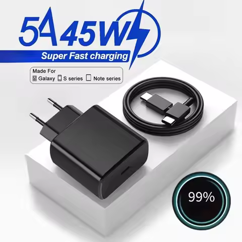 45W PD USB-C Fast Charger with 5A Type C Super Quick Charge Cable for Samsung Galaxy S23 S24 Note 20
