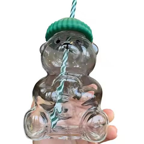 AB33-Cute Baby Glass Straw Cup, Bear Straw Cup, 20 Oz, For Coffee& Drinks For Bear Design Ideal