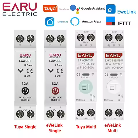 Tuya eWeLink WiFi Smart Circuit Breaker MCB 1P 63A Power Energy kWh Voltage Current Meter Protector 