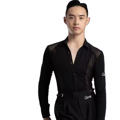 Men's Latin Dance Practice Clothes, Tops, Men's Performance Training Clothes, Long-sleeved Mesh Yarn