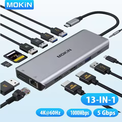 MOKiN 13-IN-1 USB C HUB Type C Dual HDMI Hub Adapter Docking Station,4K60Hz DP RJ45 3*USB 3.0 PD100W