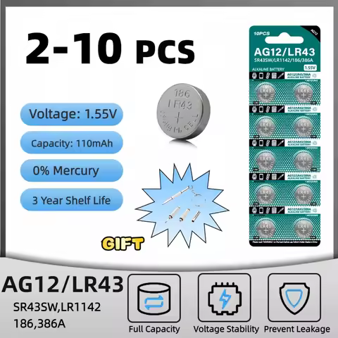 2-10PCS LR43 Batteries 1.5V AG12 Button Cell Battery Long-Lasting Leak-Proof L1142 SR43 SR43 260 386