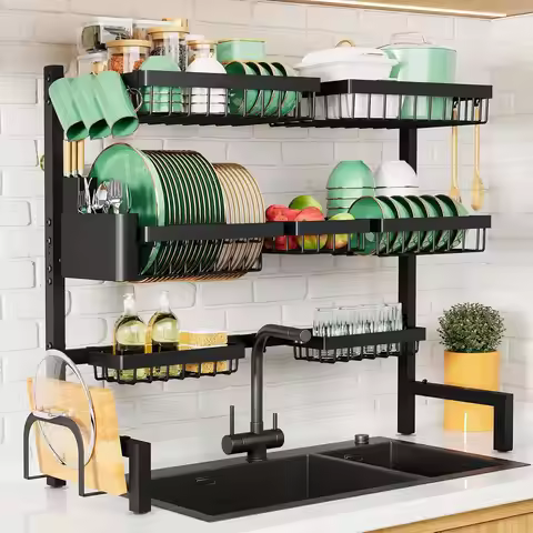 Adjustable Over Sink Dish Drying Rack with Multifunctional Baskets, Black - 31.5" to 39.4" x 30.3"