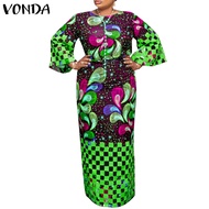VONDA ชุดเดรสเสื้อผ้ากุลสตรีบานยาวโบฮีเมียนแขนยาวพิมพ์ลาย Maxi Sundress ลำลองทรงหลวมไซส์ใหญ่สำหรับผู