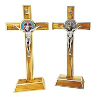 St Benedict Crucifix Metal Inlaid Olive Wood Jesus on the Cross Catholic
