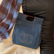 「JL精品代購」98新 Chanel 香奈兒玳瑁丹寧牛仔的托特包